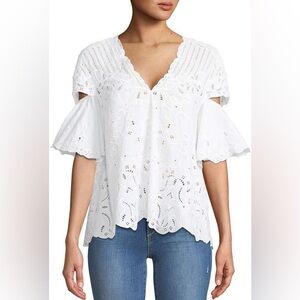 Jonathan Simkhai V-Neck White Crochet Flutter Sleeve Top